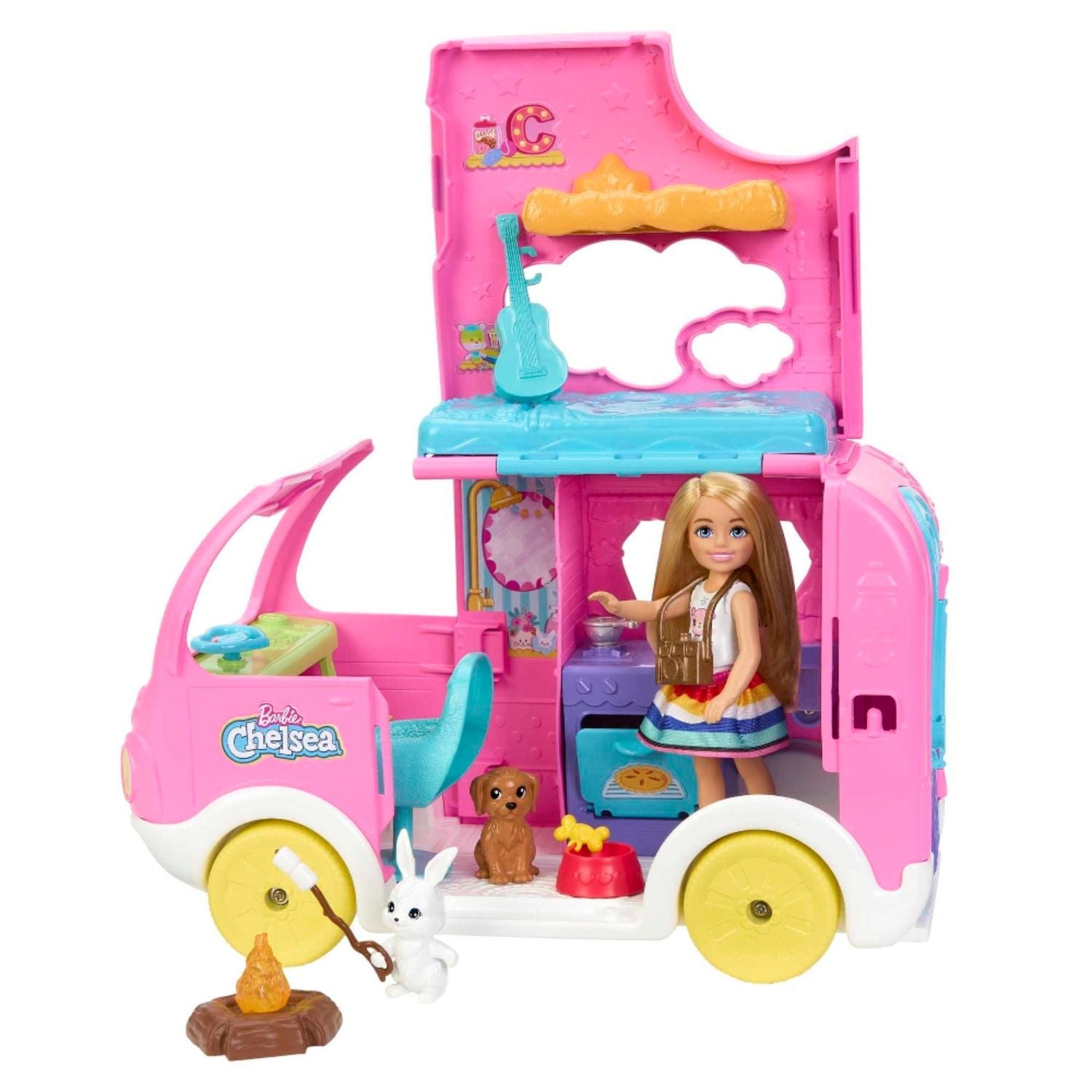 Casa de juego Barbie rosa con Chelsea, cocina y accesorios divertidos